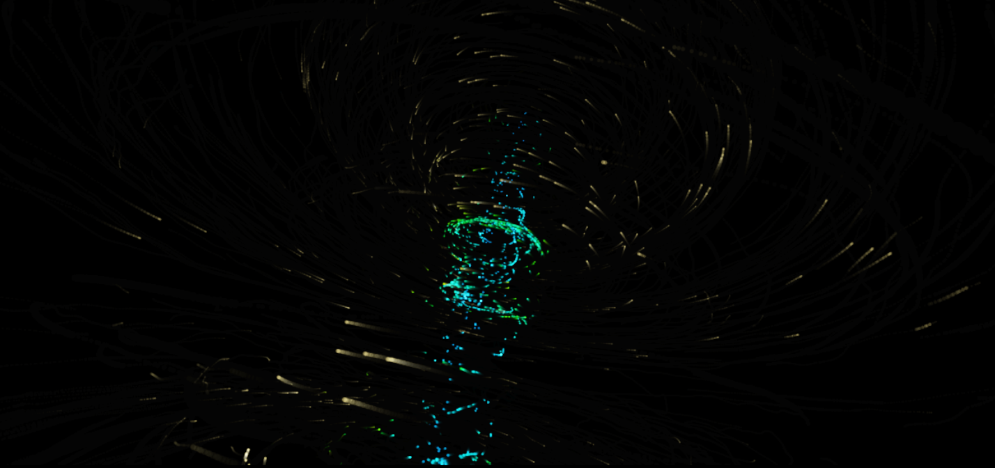 A cyan form emerging within a faint gold field
