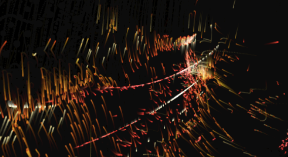 Orange and red fragments moving through a dark spatial passage