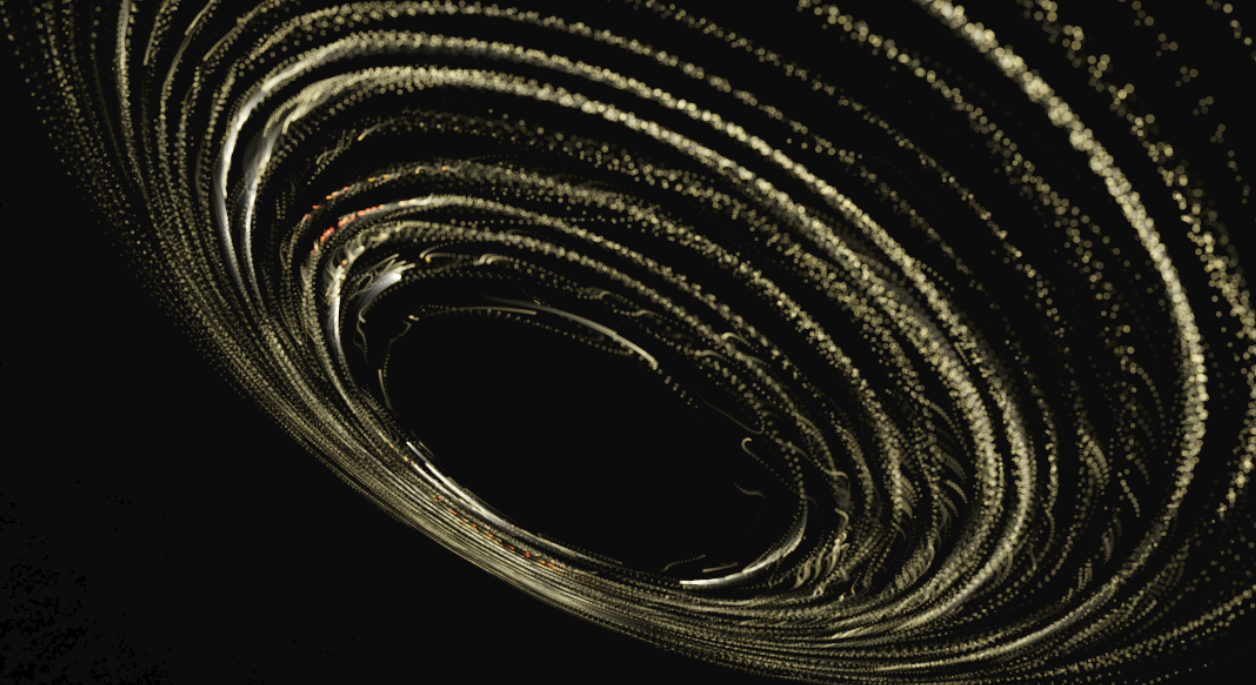 A wide pale gold vortex opening across darkness