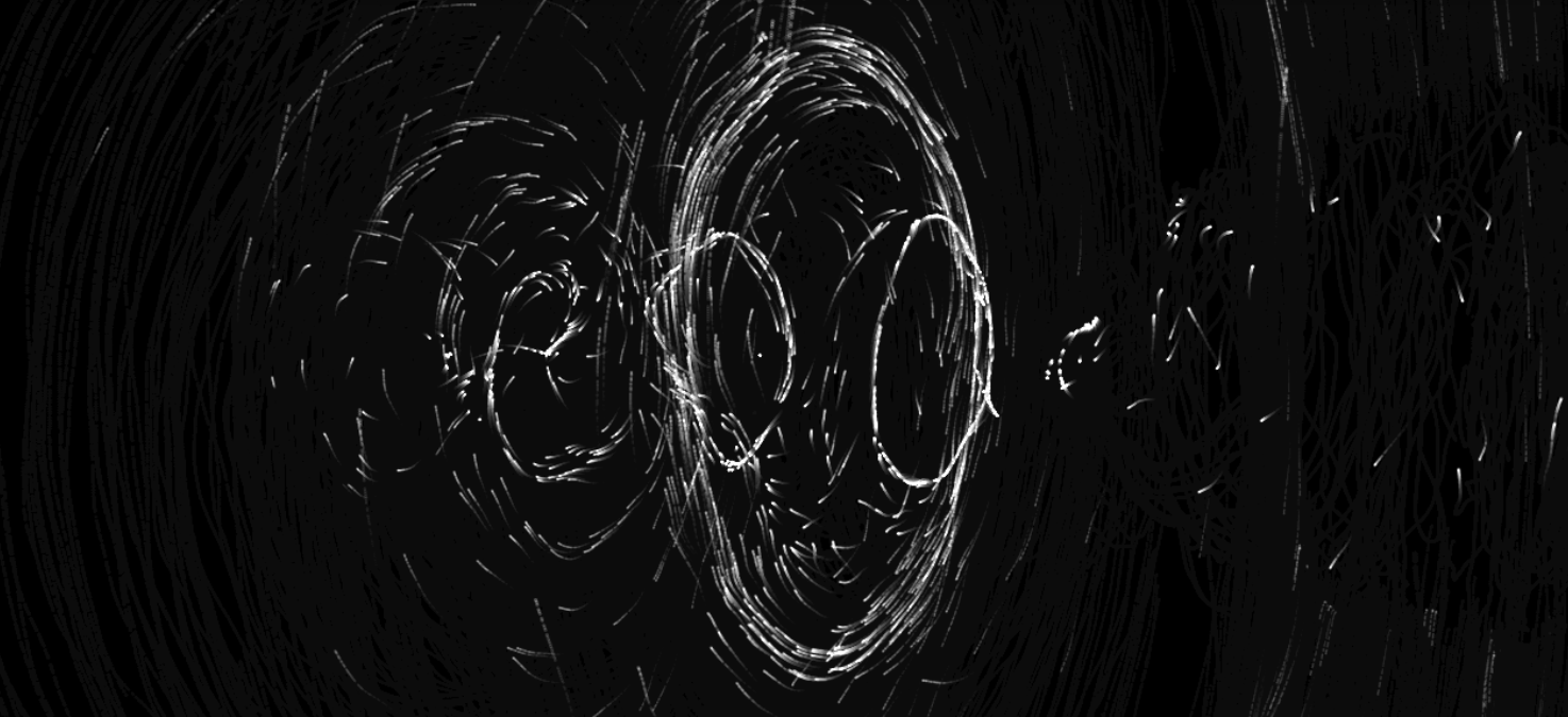 White orbital traces crossing through a dark field