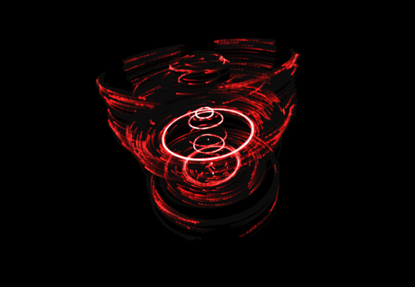 Red luminous rings forming a layered chamber in darkness