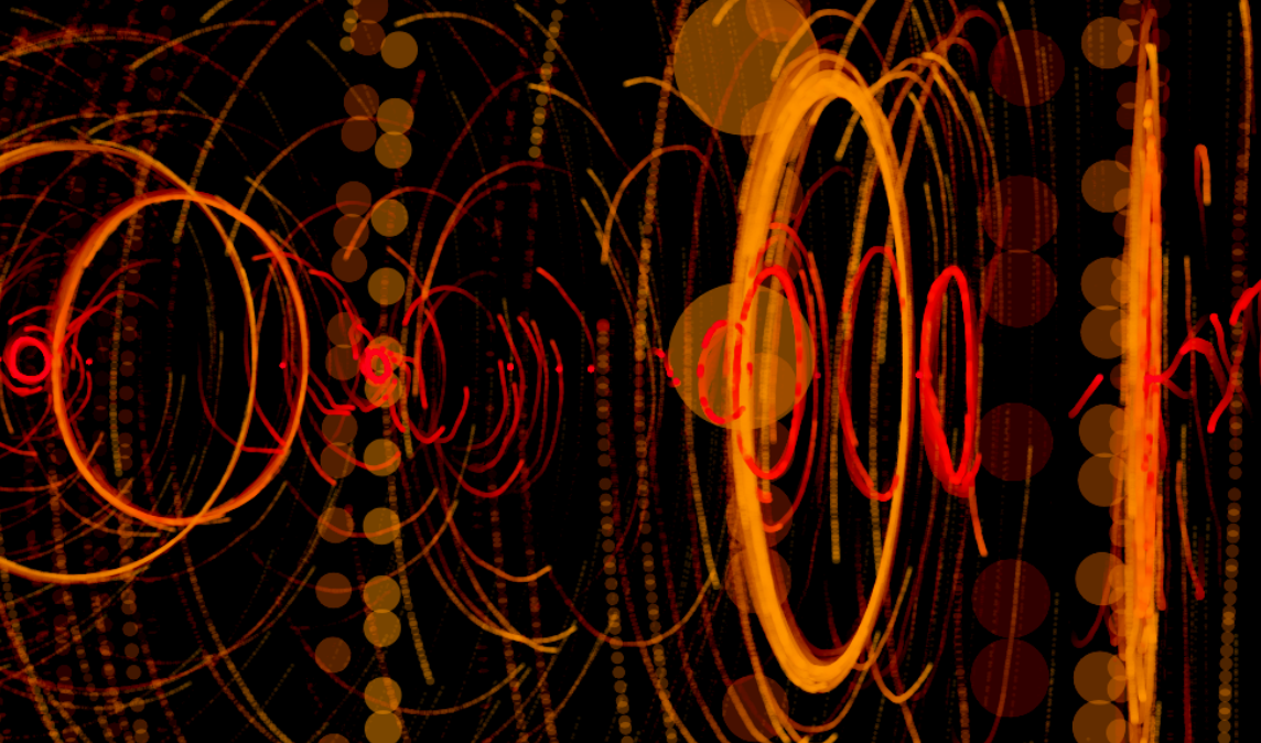 Orange and red concentric forms distributed through a resonant field
