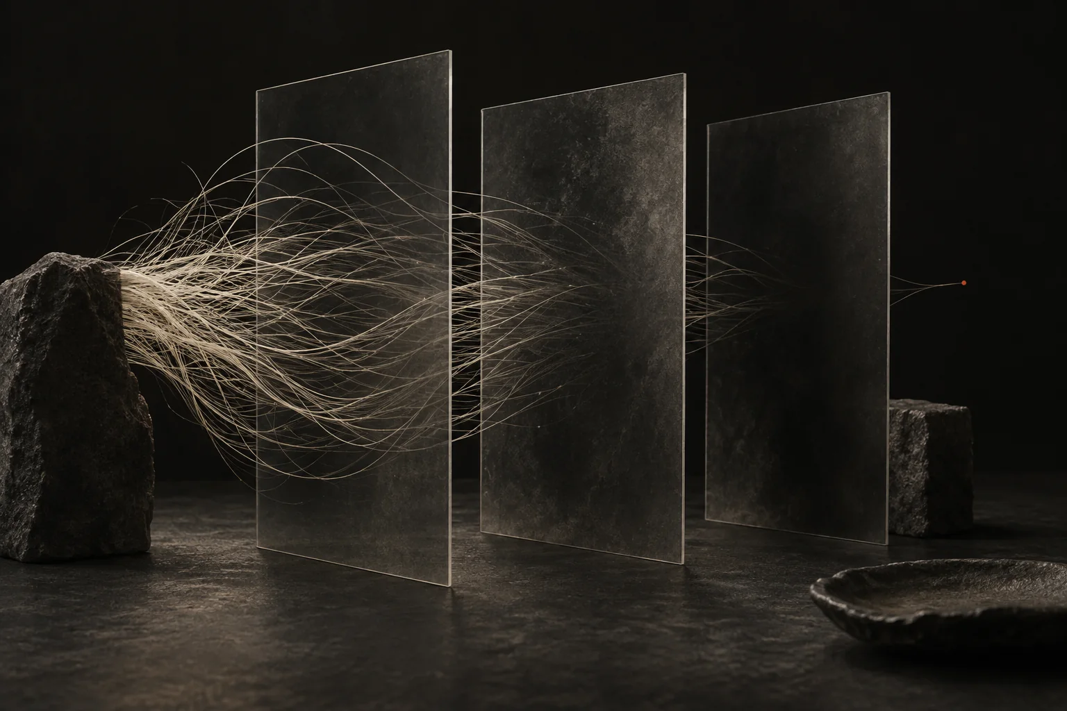 Ivory threads disappear through dark glass planes, an abstract study of partial visibility.