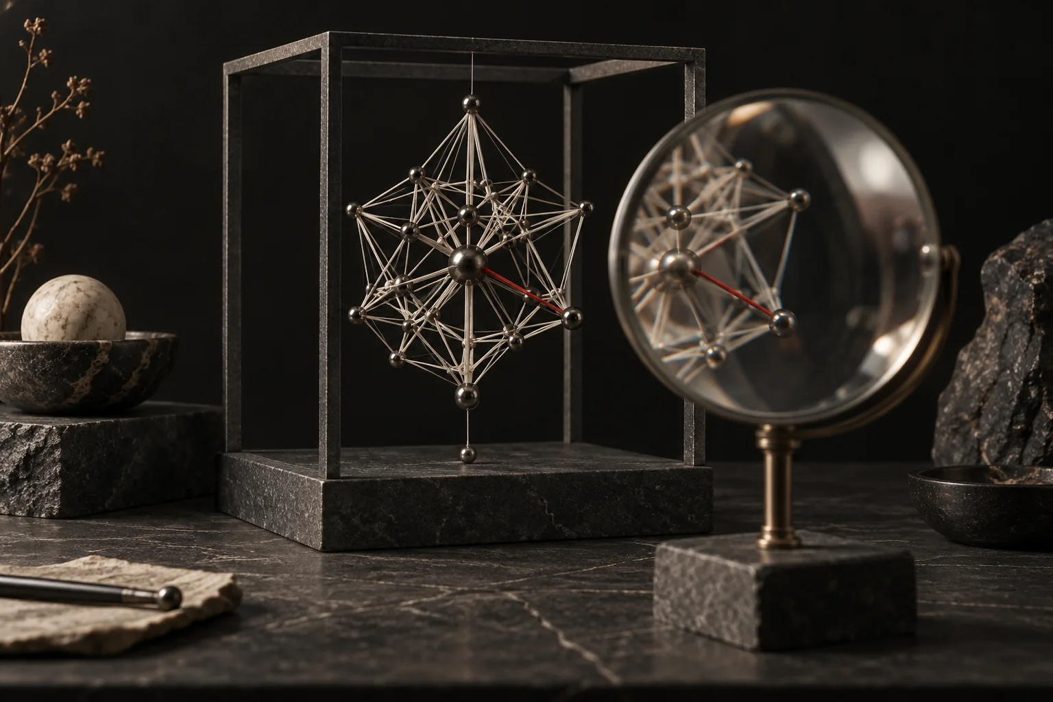 A separate glass lens stands before a delicate network inside an open frame.